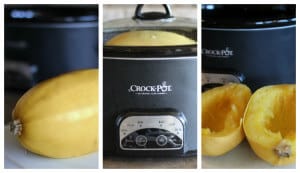 Spaghetti squash in and next to a Crock Pot.