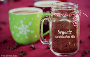 A festive glass jar filled with hot chocolate mix next to a mug of hot chocolate. The text on the jar reads, "Organic Hot Chocolate Mix".