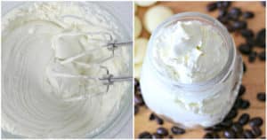 Two pictures; on the left is body butter being whipped with beaters in a bowl; on the right is a jar of whipped body butter with coffee beans scattered around