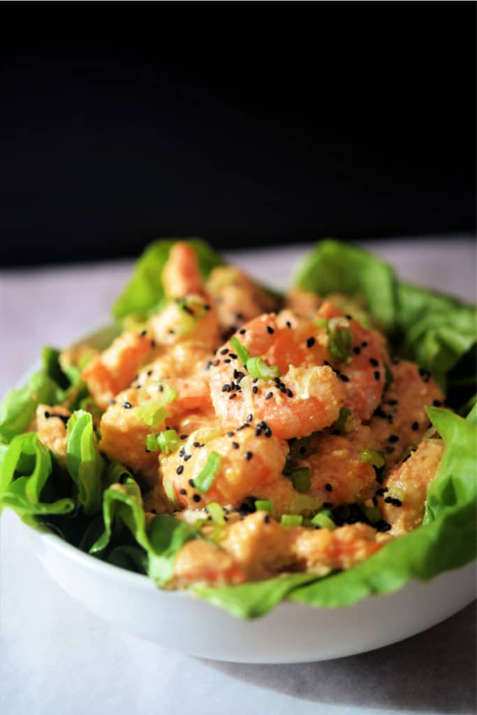 white bowl with keto bang bang shrimp