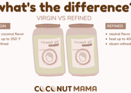 Infographic showing refined and virgin coconut oil with two jars and notes on the attributes of each