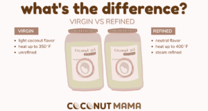 Infographic showing refined and virgin coconut oil with two jars and notes on the attributes of each