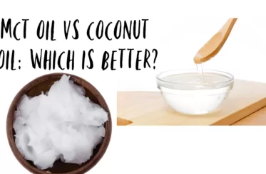 Text: "MCT oil vs coconut oil: which is better?" and then a clear bowl of MCT oil with a wooden spoon on a table and a dark brown bowl of coconut oil viewed from above