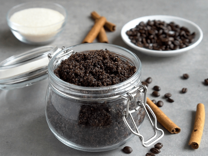 Glass jar filled with diy coffee body scrub.