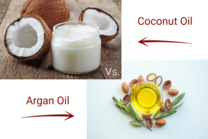 Coconut oil in a jar with coconuts nearby and argan oil in a glass bowl with argan nuts nearby.