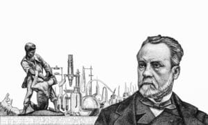 Illustration of a historical scientist with laboratory equipment and a sculpture of two figures.
