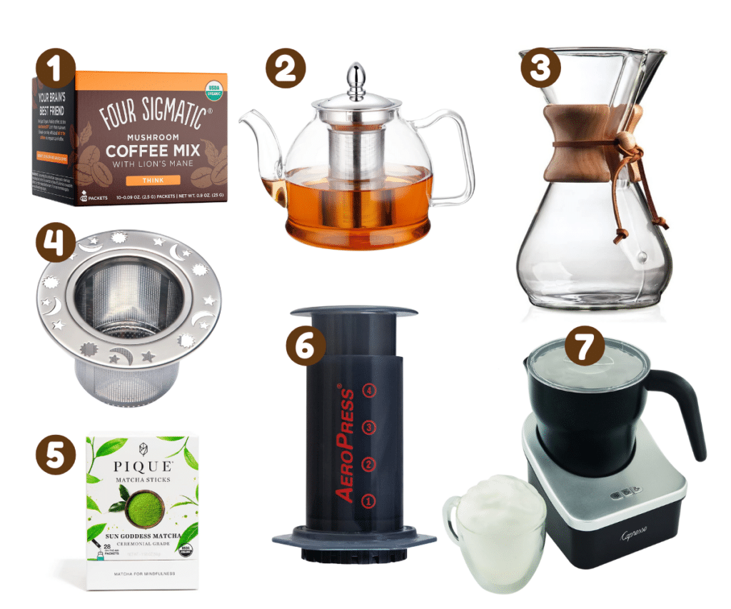 Gift ideas for the tea and coffee drinker, includes stainless steel tea strainer, matcha tea and mushroom coffee.