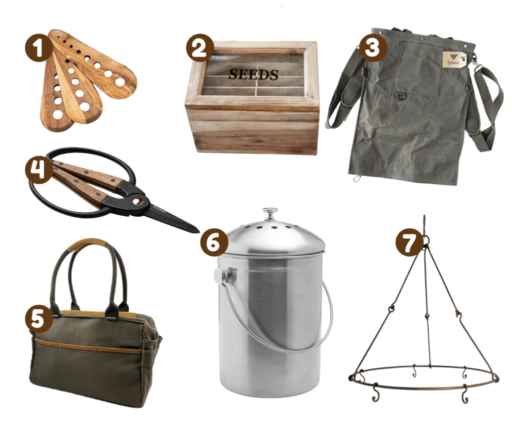 Gift ideas for the gardener, like seed storage box and foraging bag.