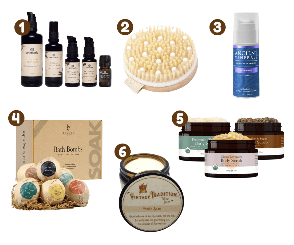 Gift ideas for natural body care, includes an image of bath bombs and sugar scrubs.