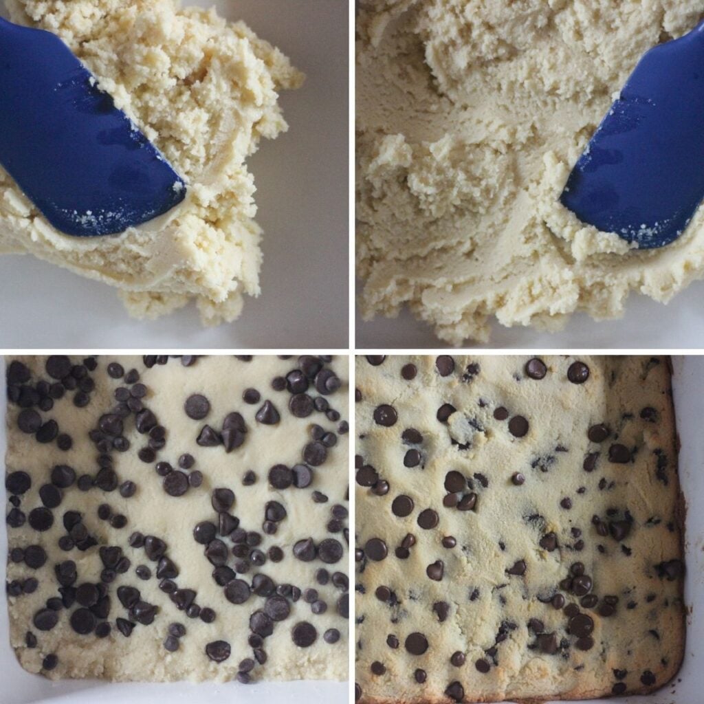 Steps for making the batter and baking the keto blondies. 