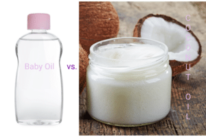 Bottle of baby oil and a jar of coconut oil.