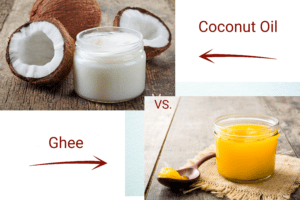 Jar of coconut oil with coconuts and a jar of ghee with a spoonful of ghee.