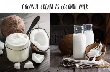 Text: Coconut cream vs coconut milk. Picture of coconut cream in a clear jar with a spoon in it and chunks of coconut around it; the other picture is of two clear bottles of coconut milk with coconut chunks next to them in a bowl and a whole coconut in the background