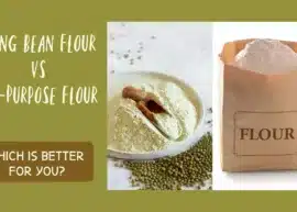 A plate containing mung bean flour and a spoon for measuring, accompanied by a scattering of mung beans. A paper bag of all-purpose flour.