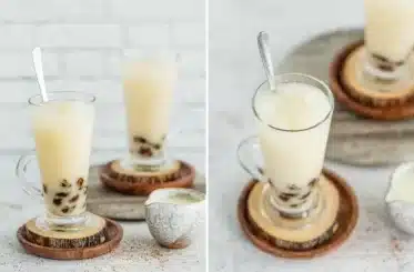 Two pictures, each of two boba tea glasses with a straw in one; one picture is taken from the side, while the other is angled from the top