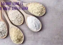 Coconut flour vs vital wheat gluten flour text at the top left corner; under it, five spoons holding various flours