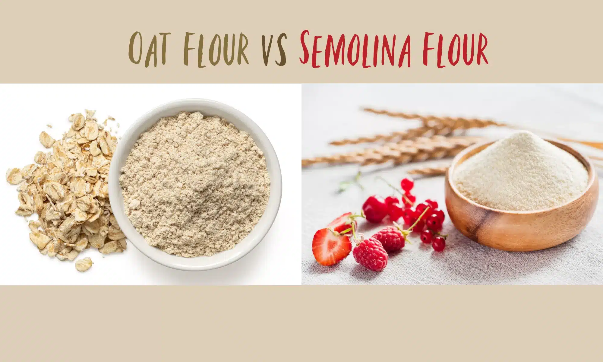 Oats and oat flour in small bowls from above. Semolina flour in a ceramic bowl placed among some red fruits and wheat ears.