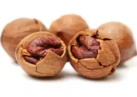 Cracked pecan nuts with visible kernels inside.