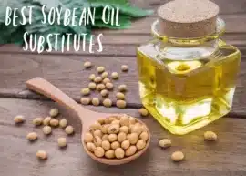 A bottle of soybean oil sitting next to a puddle of soybeans and a spoonful of the same legumes. Text above reads best soybean oil substitutes.