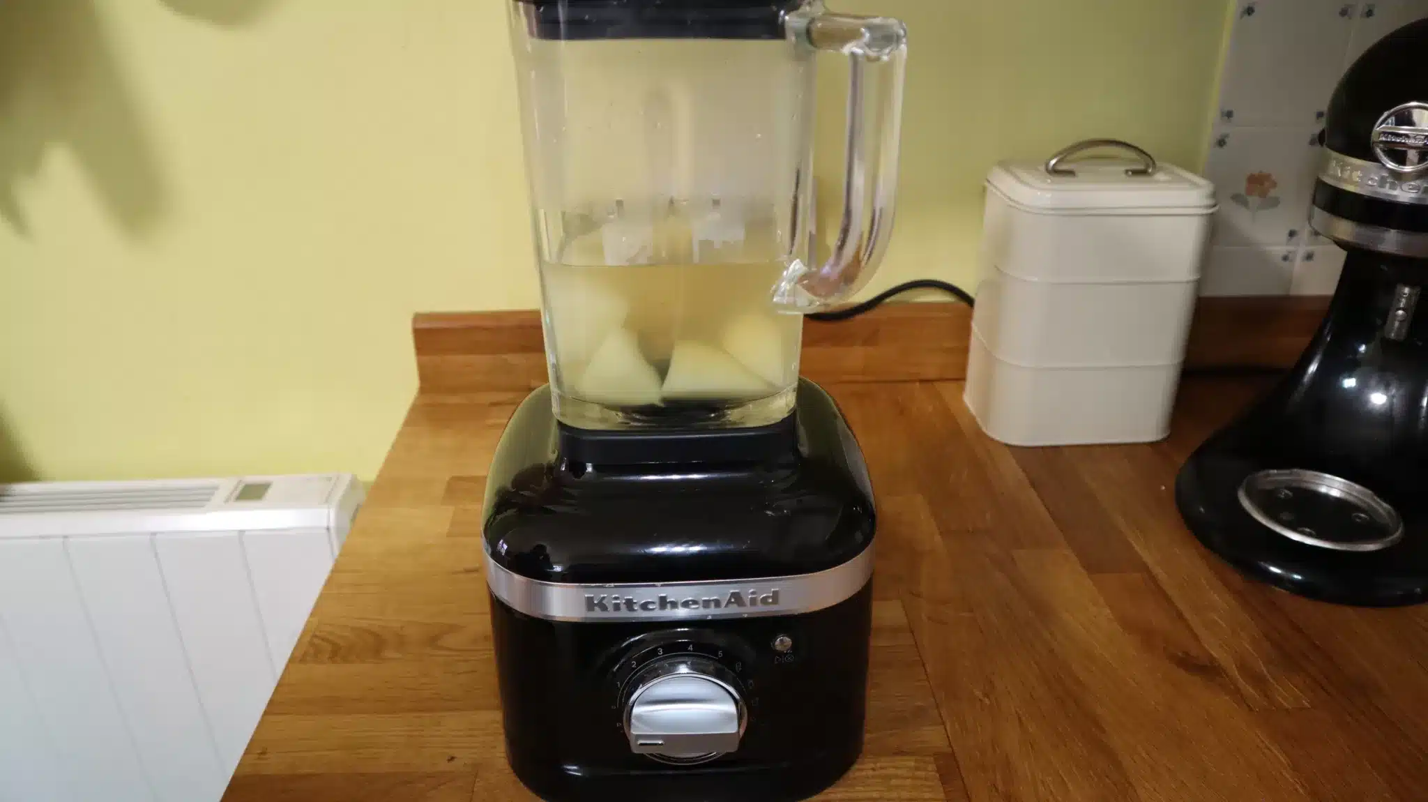 Potatoes and water in a blender.