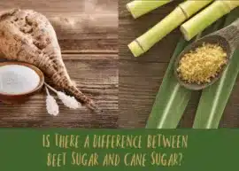 A bowl of beet sugar next to an uncooked sugar beet. A spoon holding cane sugar and a few sugar canes resting on a few green leaves. The text reads, "is there a difference between beet sugar and cane sugar?"