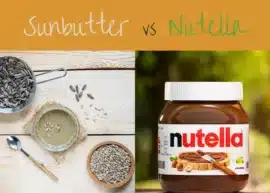 Homemade sunflower seed butter with sunflower seeds on a light wooden background. A container of Nutella against a hazy outdoor backdrop.