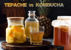 Tapache contained in a glass and a jar, along with a jar of kombucha resting on a dark background.