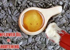 A tiny wooden container filled with sunflower oil and a spatula with shortening displayed atop a bed of sunflower seeds.