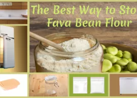 A bowl of fava beans and a jar of fava bean flour, along with food storage options. The text reads, "The Best Way to Store Fava Bean Flour."