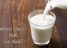 Pouring fresh milk from a bottle into a glass. The text reads, "When Does Milk Go Bad?"