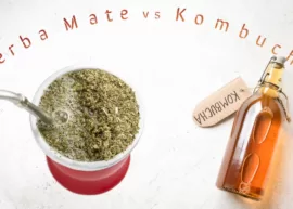 Aerial view of yerba mate served in a mate accompanied by a bottle of kombucha.