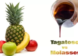 Pineapple, apples, and bananas, the fruits from which tagatose is extracted and molasses being poured from a jar.