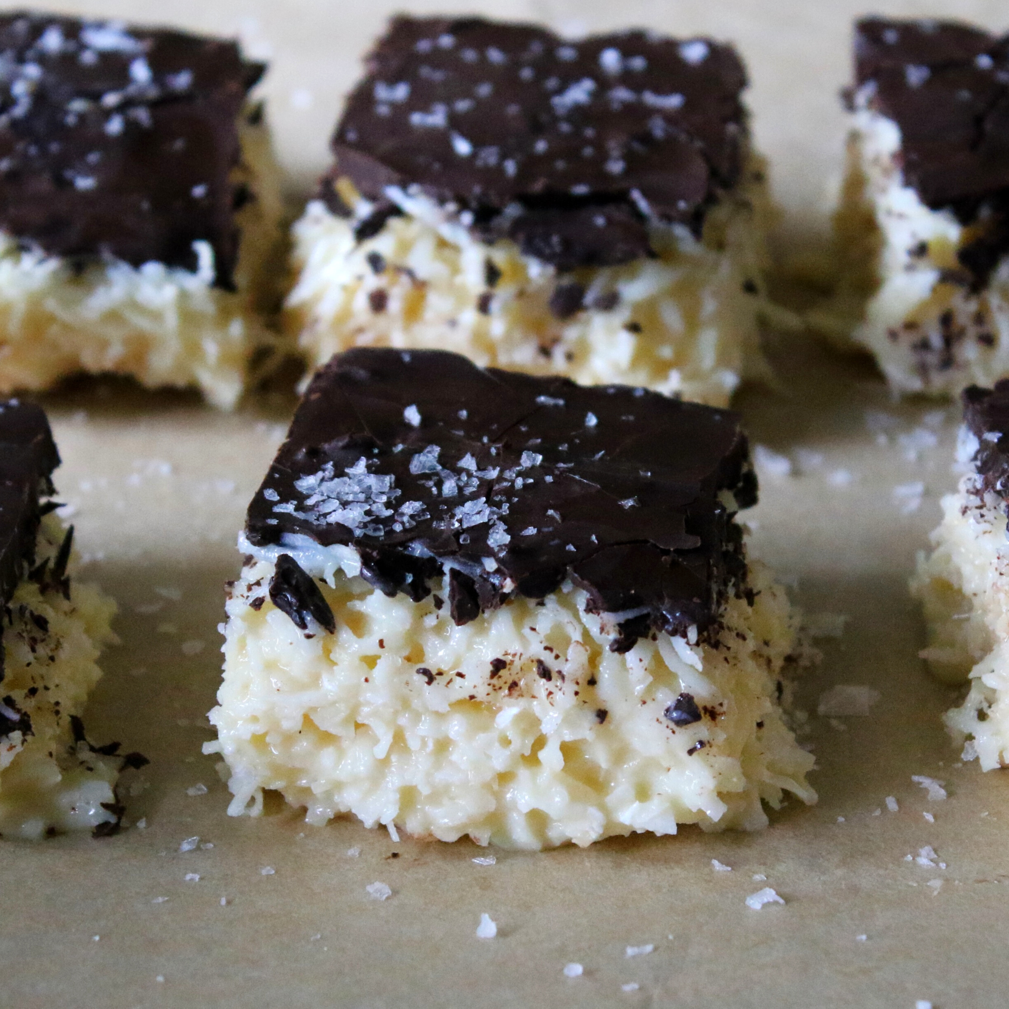 Creamy coconut freezer bars topped with large flakes of sea salt.