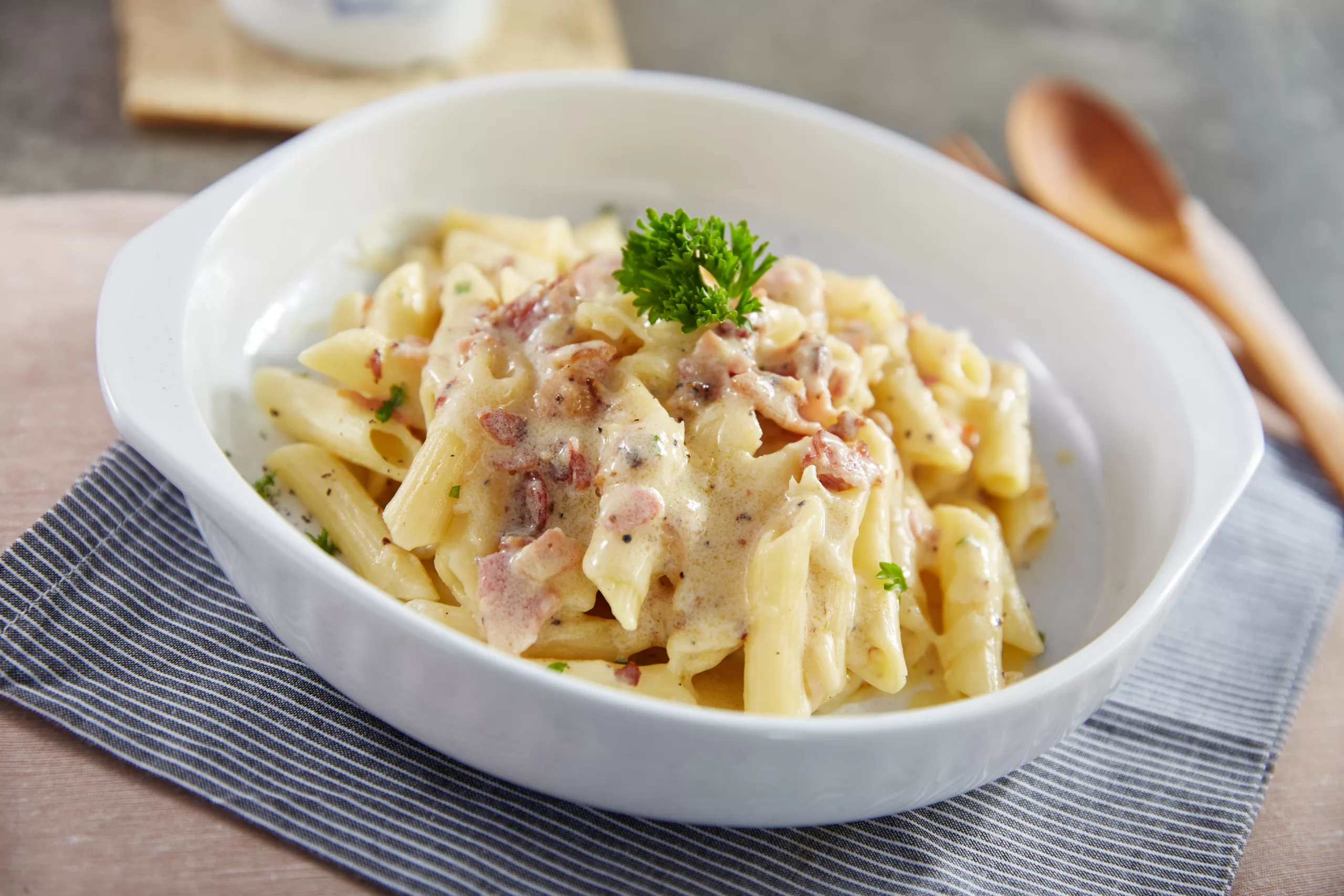 Penne pasta carbonara ready to enjoy. 