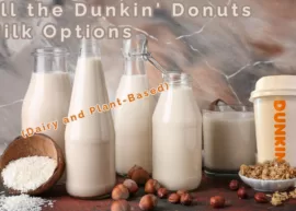 Various types of milk and a Dunkin' Donuts cup. The text reads, "All the Dunkin' Donuts Milk Options (Dairy and Plant-Based)."