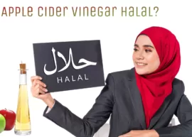 A woman showing a halal sign and a bottle of apple cider vinegar. The text reads, "Is Apple Cider Vinegar Halal?"