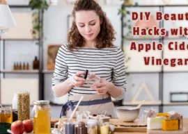 A young woman preparing natural beauty products with apple cider vinegar. The text reads, "DIY Beauty Hacks with Apple Cider Vinegar."