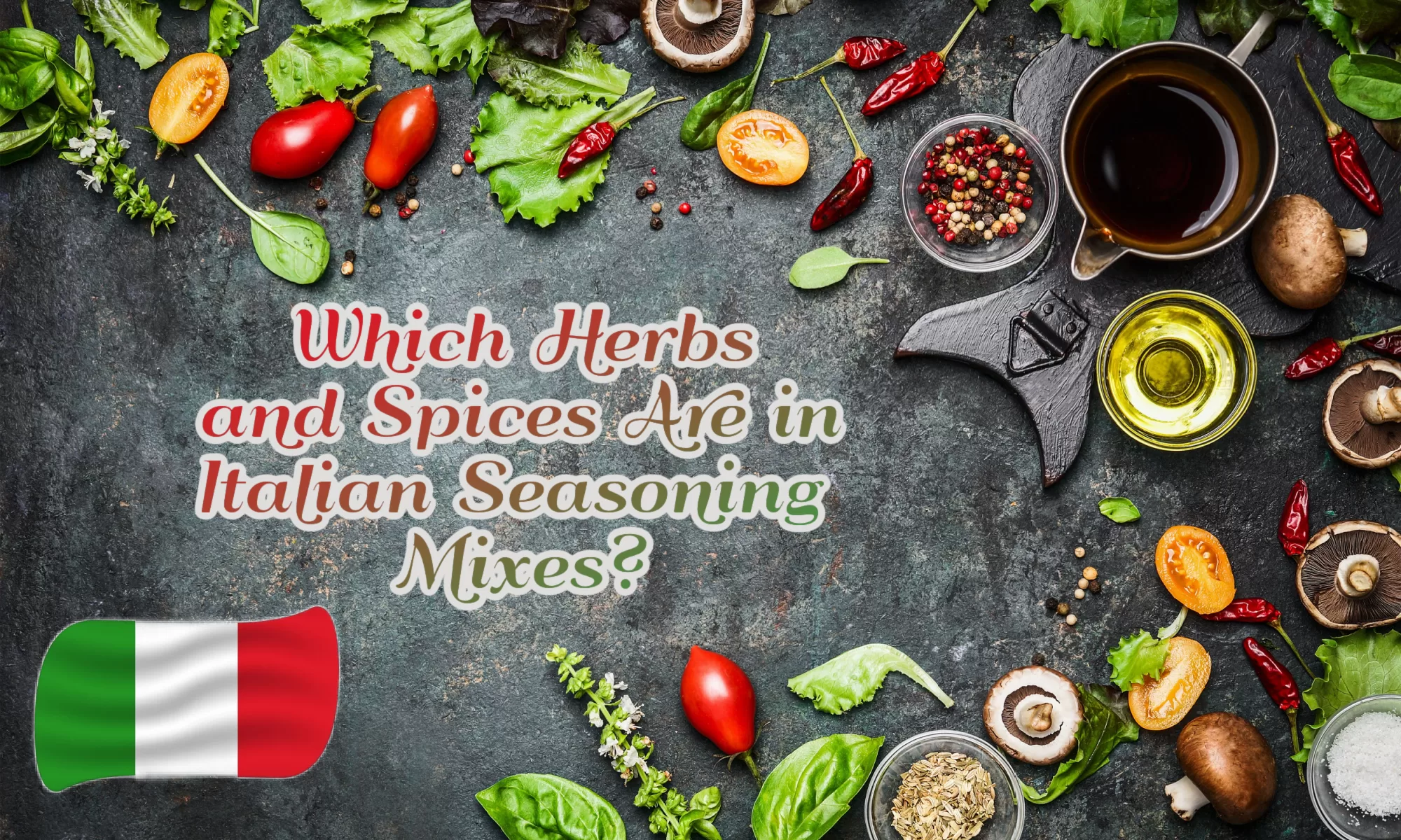 A dark concrete surface displaying a collection of herbs and spices, accompanied by the Italian flag. The text reads, "Which Herbs and Spices Are in Italian Seasoning Mixes?"