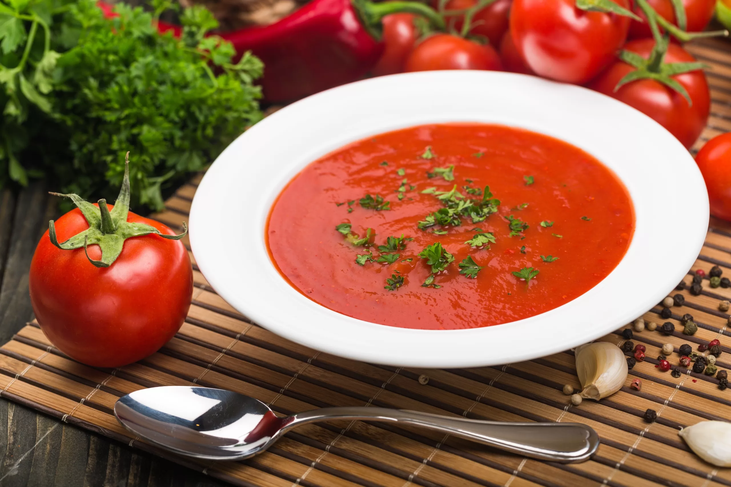 A portion of tomato soup encircled by its ingredients. 