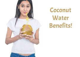 Woman drinking coconut water out of a coconut with a straw. Reads: "Coconut Water Benefits"