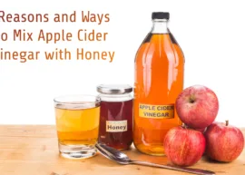A bottle of apple cider vinegar and a jar of honey, accompanied by a glass, and a fresh apple. The text reads"Reasons and Ways to Mix Apple Cider Vinegar with Honey."
