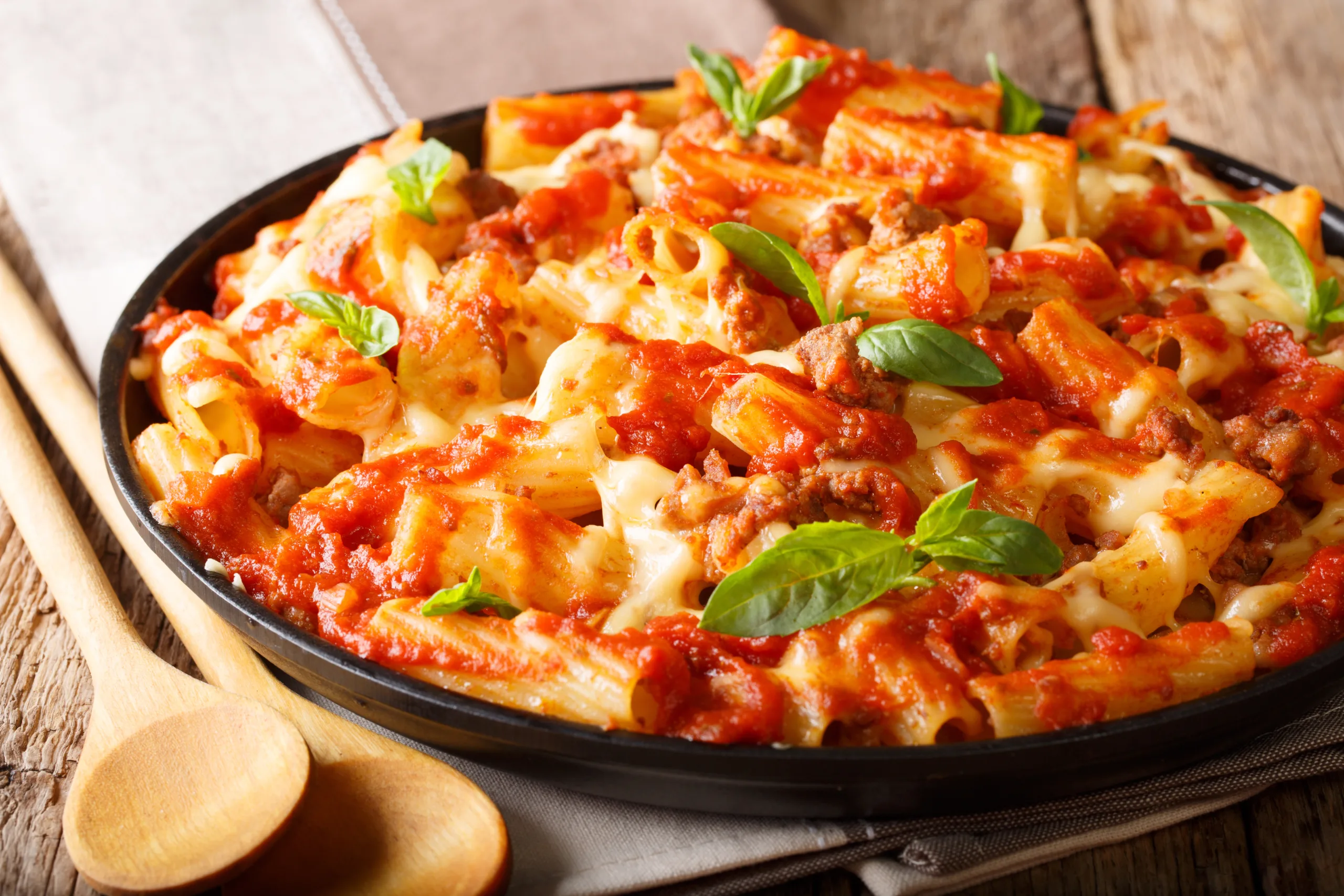  Spicy ziti pasta with minced meat, tomatoes, herbs, and cheese.
