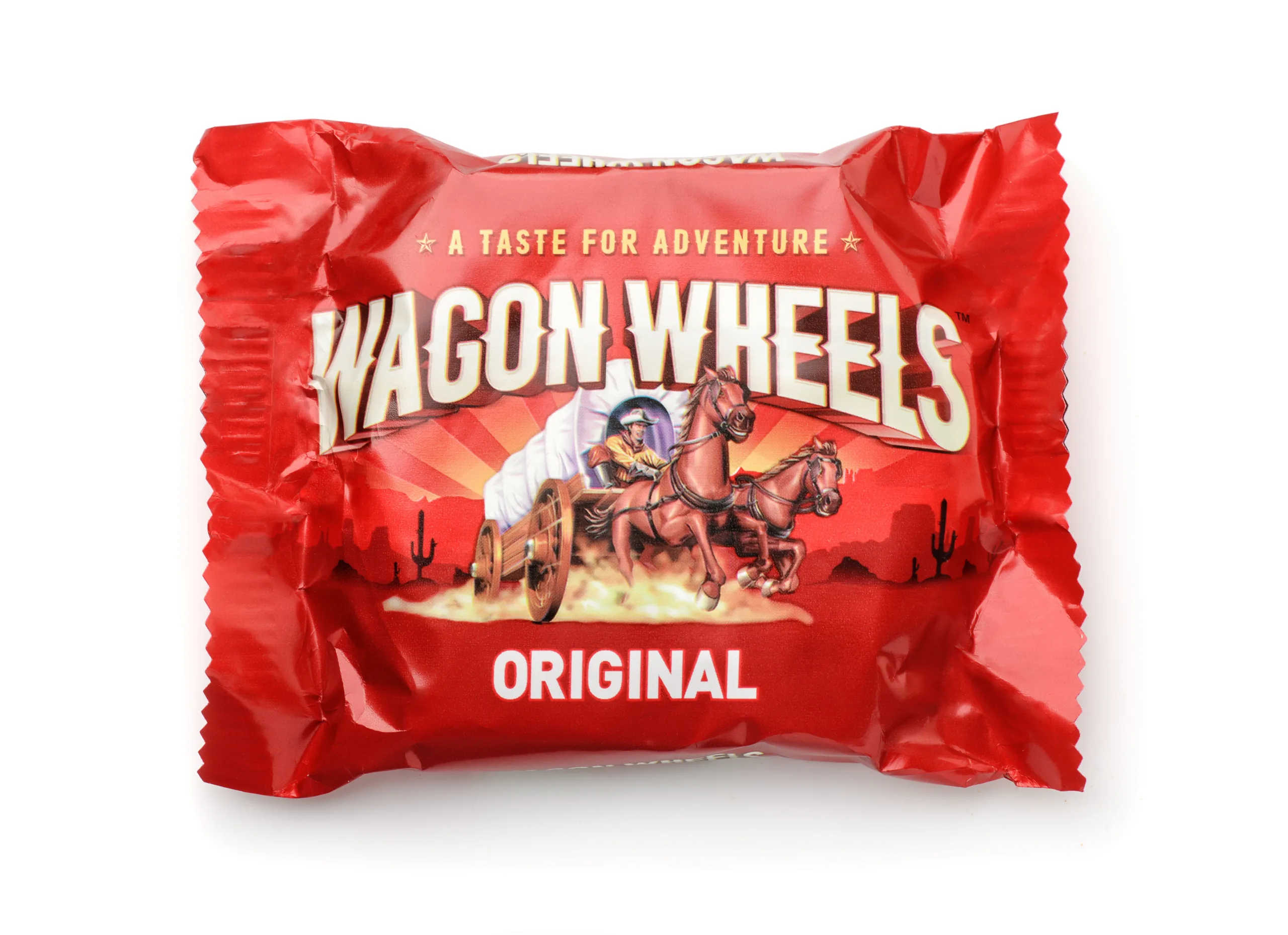 A packet of Wagon Wheels on a white background.