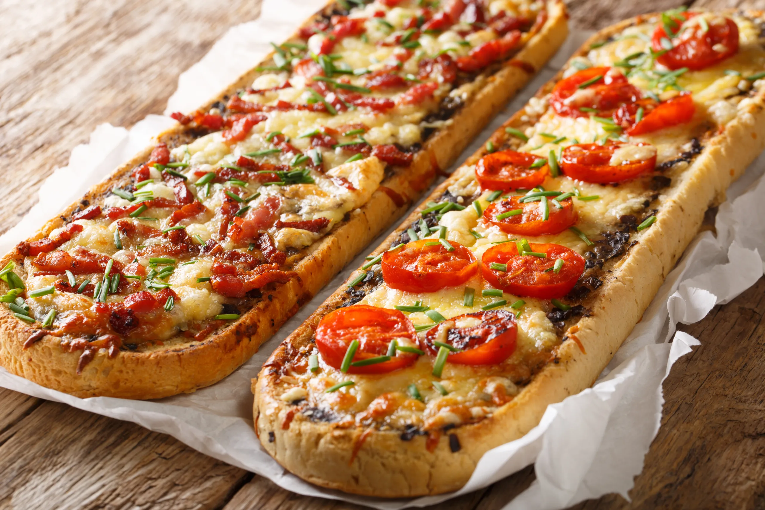A wooden board showcasing two slices of zapiekanka.