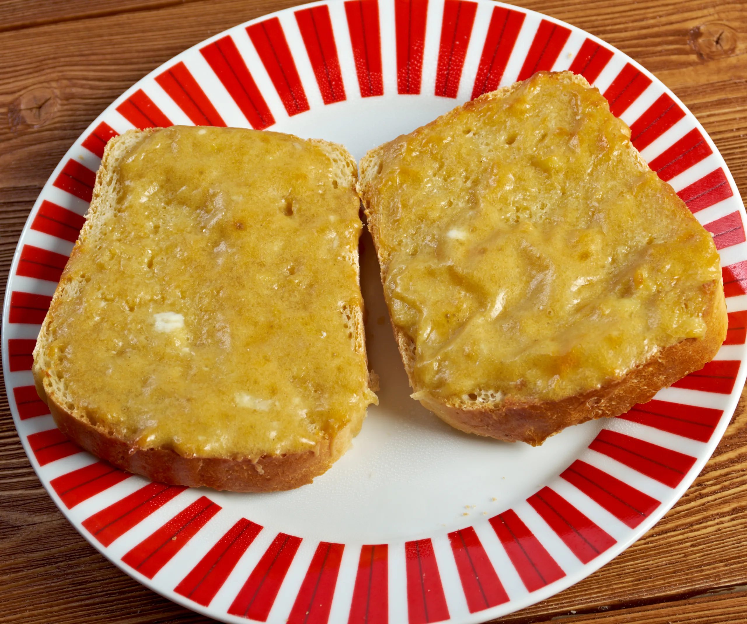 Overhead view of a serving of Welsh rarebit.
