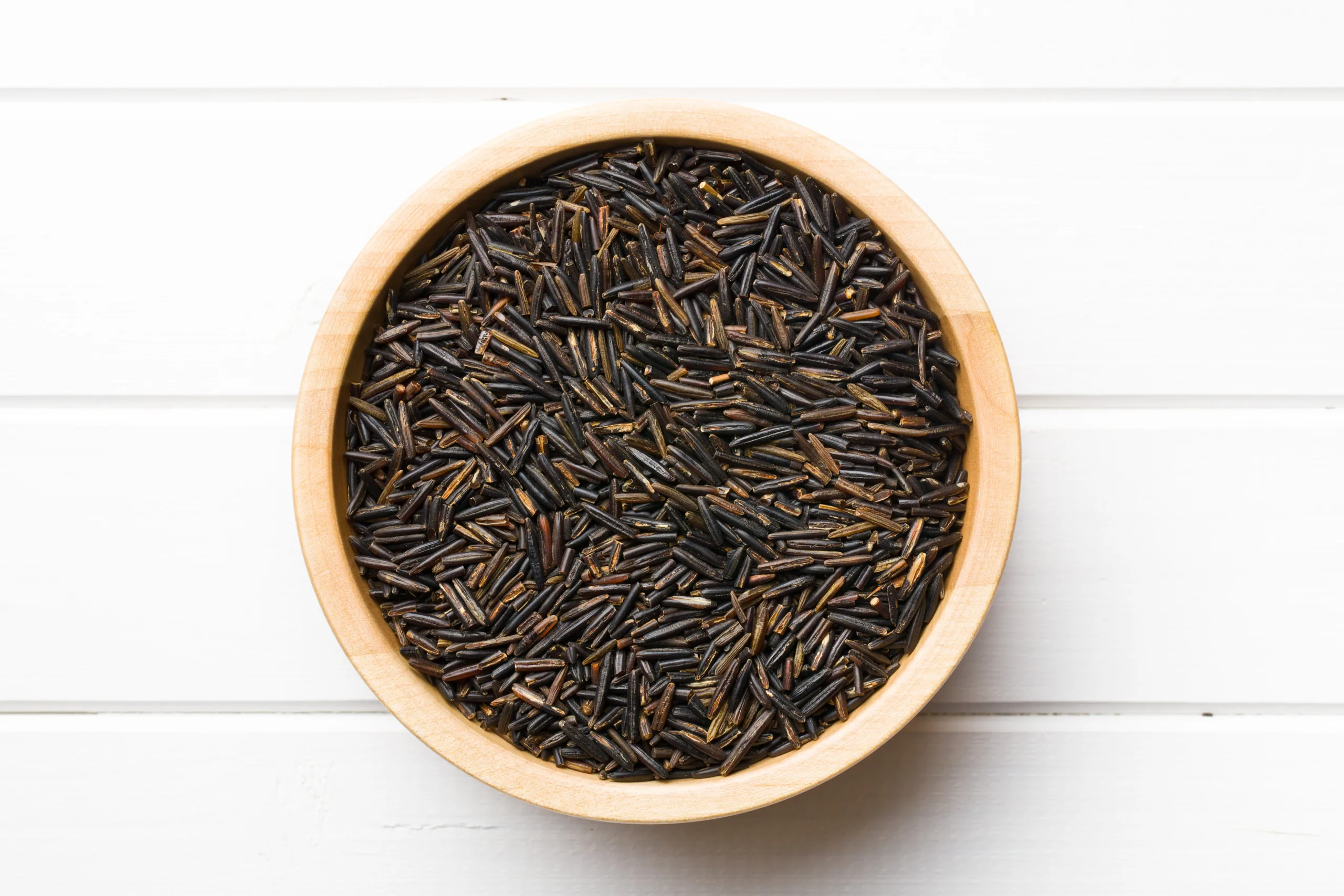 Aerial view of a bowl full of wild rice.