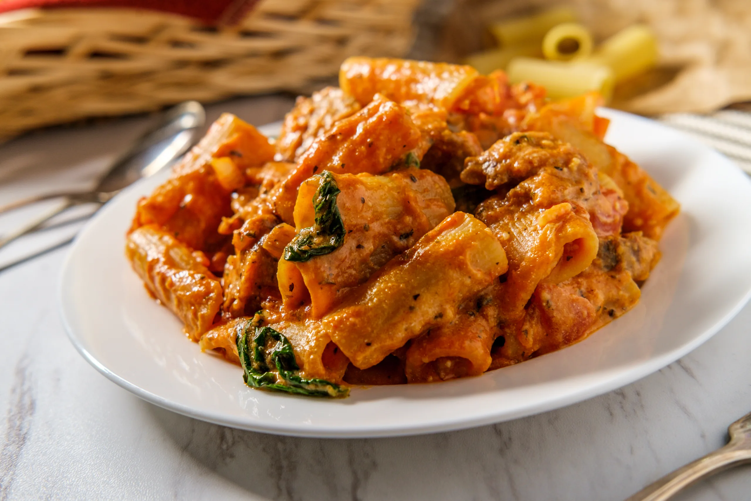 A ceramic plate piled high with ziti pasta with creamy tomato sauce.