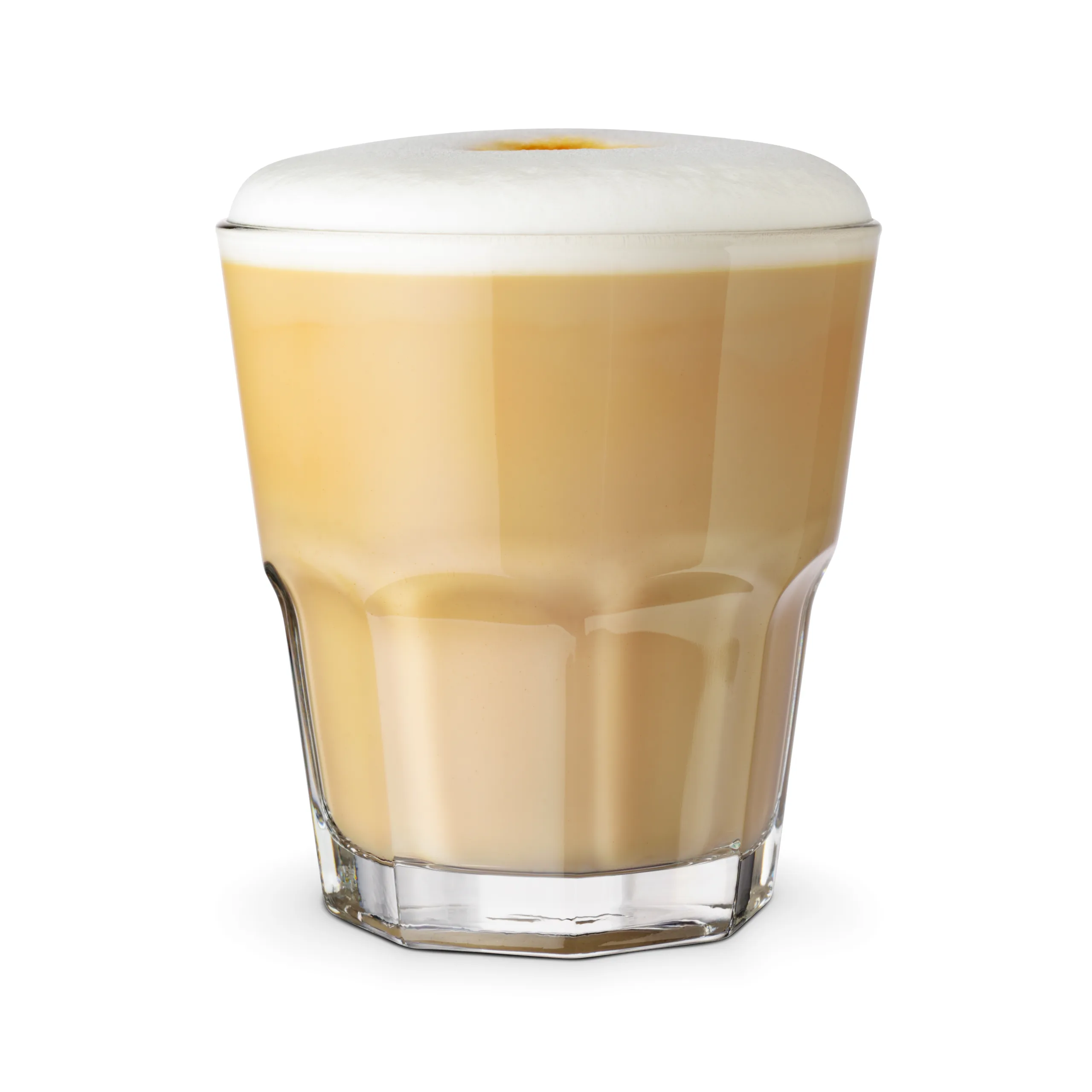 An isolated glass of white coffee on a plain background.