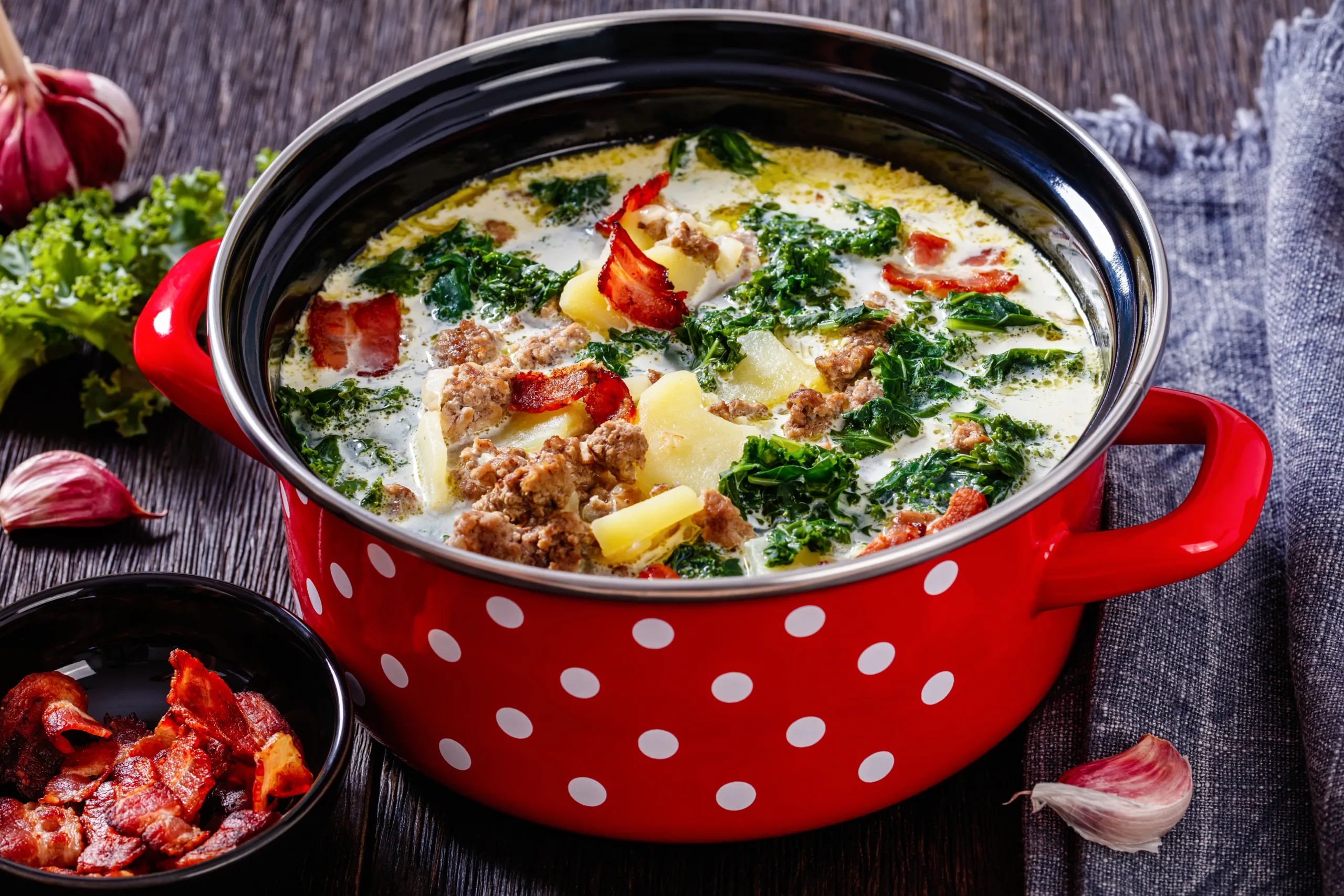 A cooking pot holding homemade zuppa Toscana. 