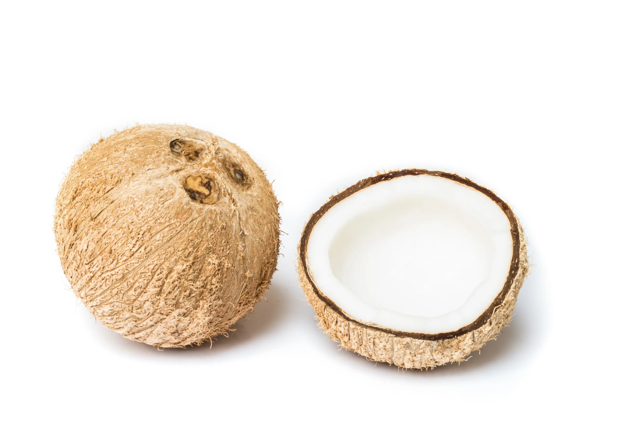 Entire and halved white coconuts on a plain background.